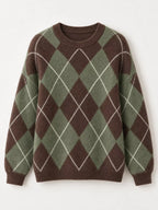 Fuzzy argyle knit sweater flat lay in green and brown with white diamond pattern