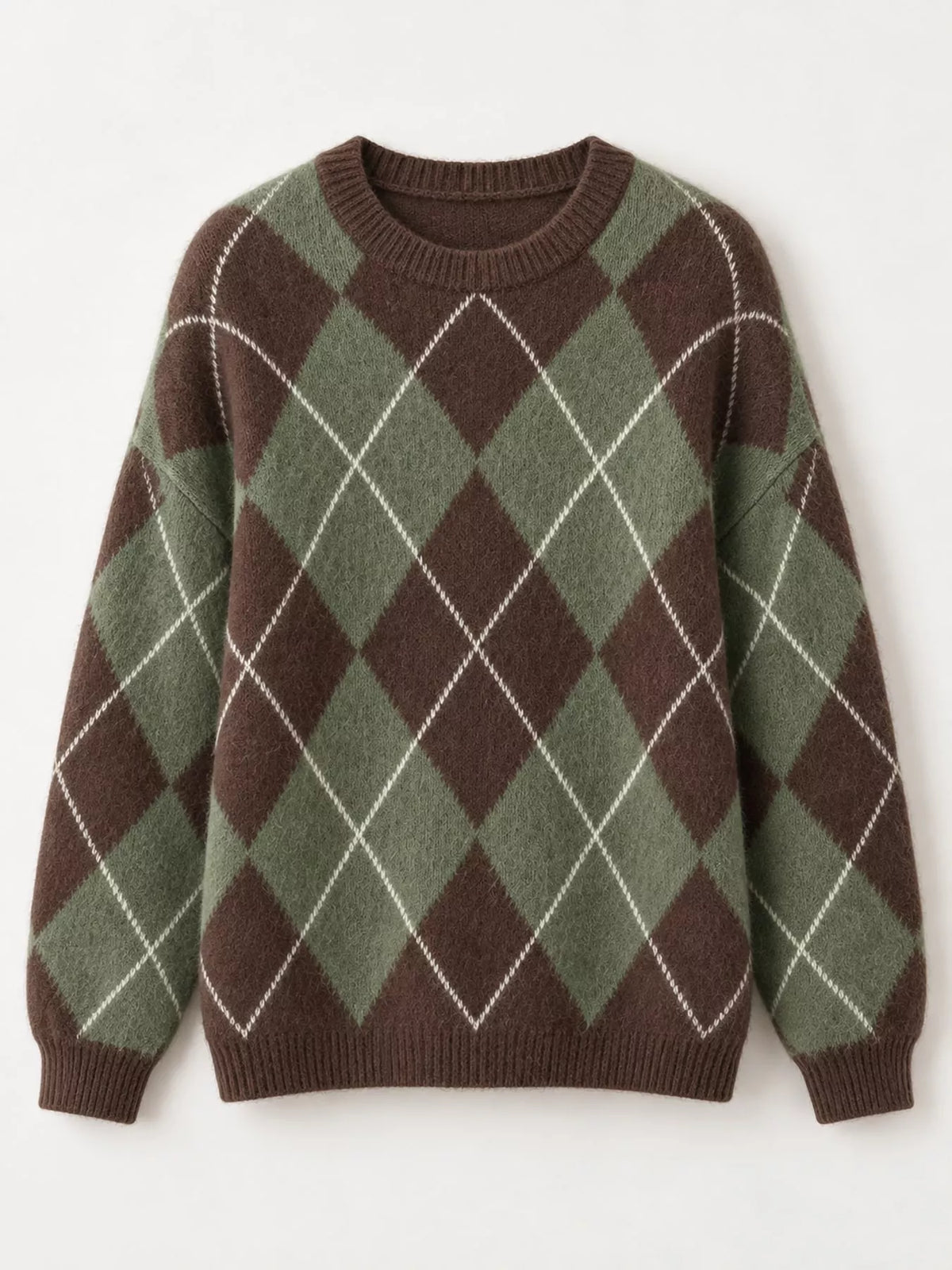 Fuzzy argyle knit sweater flat lay in green and brown with white diamond pattern
