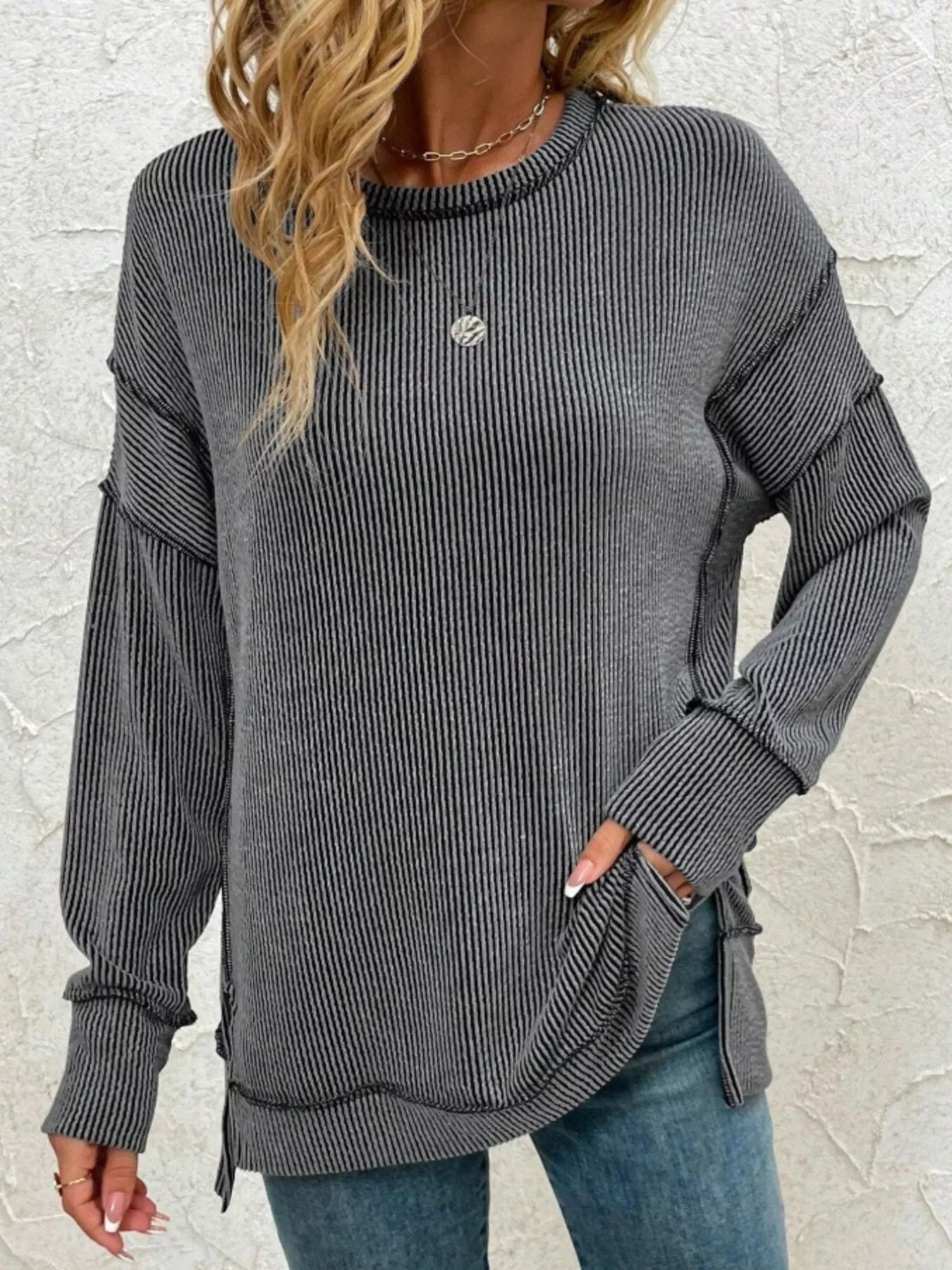 Side Slit Round Neck Dropped Shoulder Sweatshirt – Relaxed Casual Fit