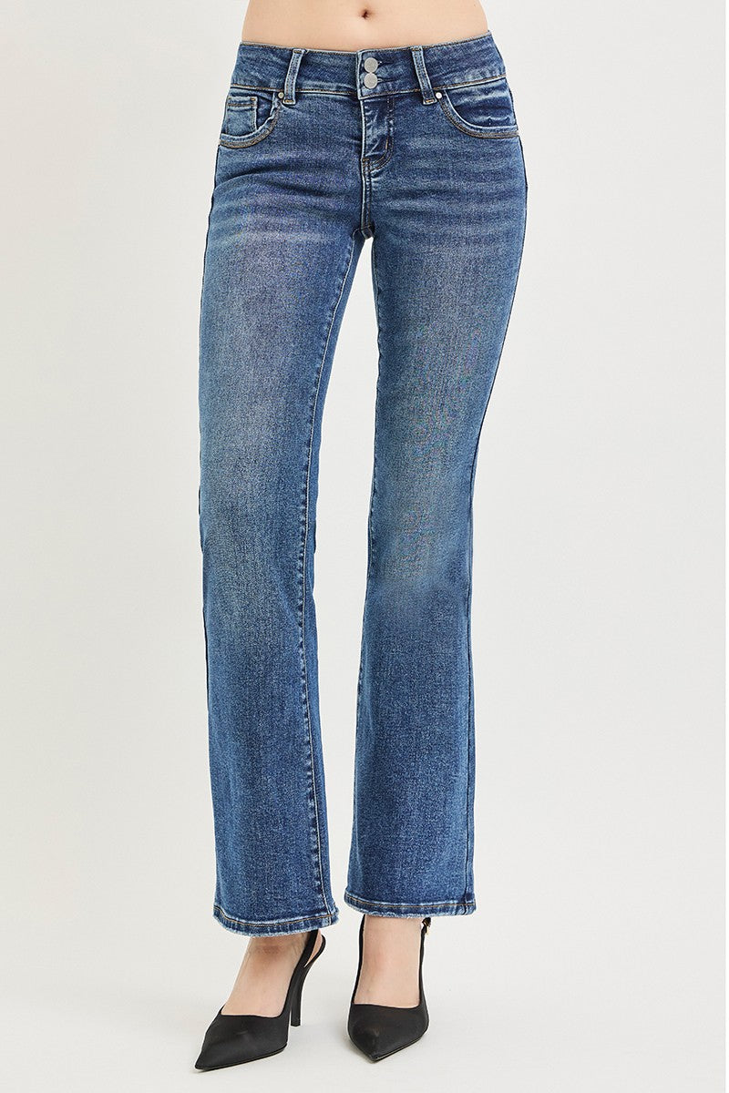 Medium wash low rise bootcut jeans with front button closure, belt loops, and flared hem