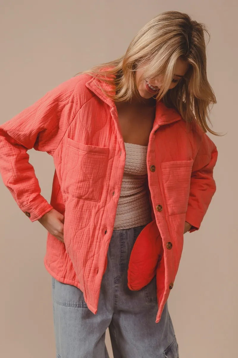 Quilted Wrinkle Gauze Long Sleeve Shacket – Lightweight Layering Top