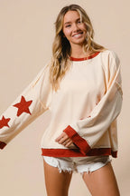 Oversized Cream Sweatshirt with Red Star Graphics – Casual Streetwear