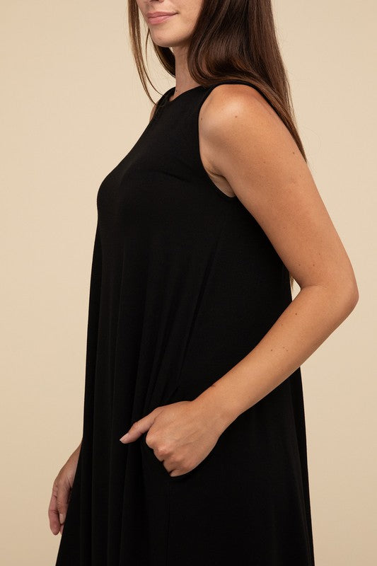 Zenana Sleeveless Flared Dress with Side Pockets