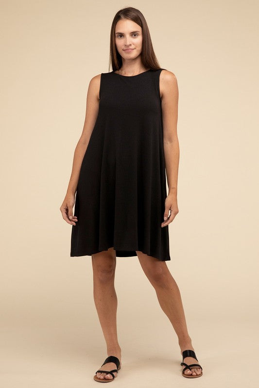 Zenana Sleeveless Flared Dress with Side Pockets