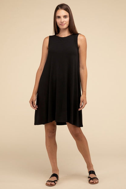 Zenana Sleeveless Flared Dress with Side Pockets