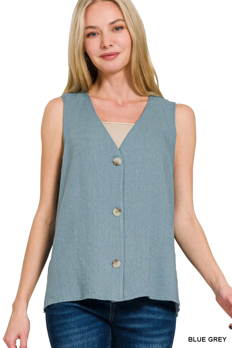 Zenana Blue Grey Side Slit Button Vest – Stylish & Lightweight Layer