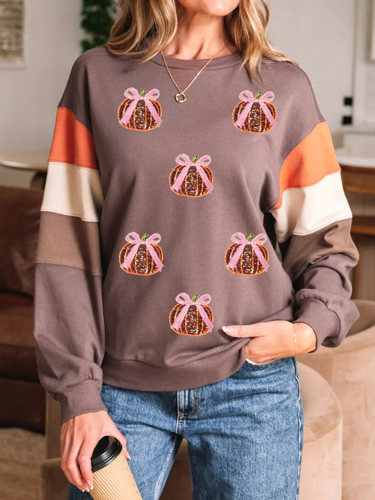 Sequin Bow Pumpkin Round Neck Sweatshirt – Festive Fall Style