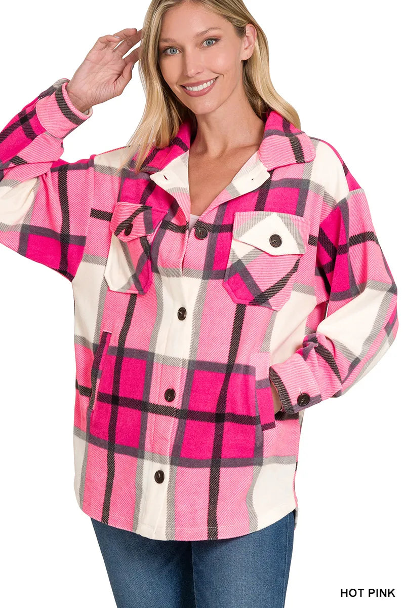 Pink Plaid Flannel Jacket – Oversized Checkered Button-Up Layer