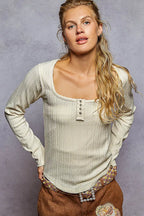 Square Neck Fitted Knit Top with Placket Detail – Chic Modern Style