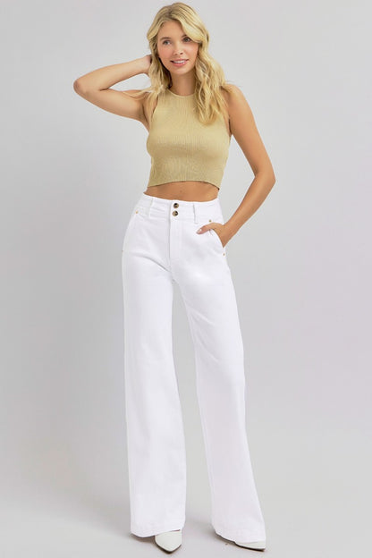 Risen Tummy Control Double Button Wide Leg Jeans