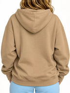 Tan back view cat pouch drawstring hoodie with attached hood and long sleeves