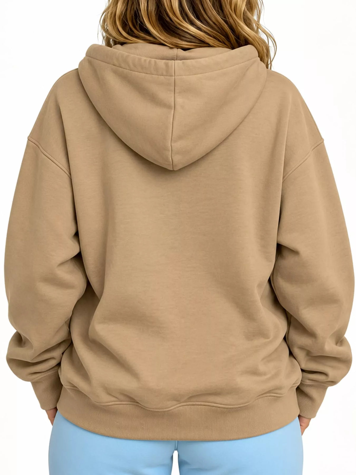 Tan back view cat pouch drawstring hoodie with attached hood and long sleeves