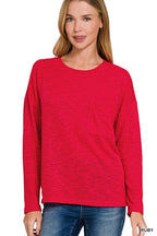 Zenana Classic Red Long Sleeve T-Shirt with Chest Pocket – Soft, Casual & Versatile