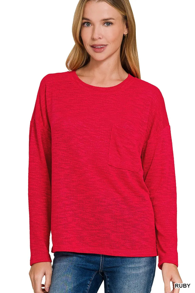 Zenana Classic Red Long Sleeve T-Shirt with Chest Pocket – Soft, Casual & Versatile