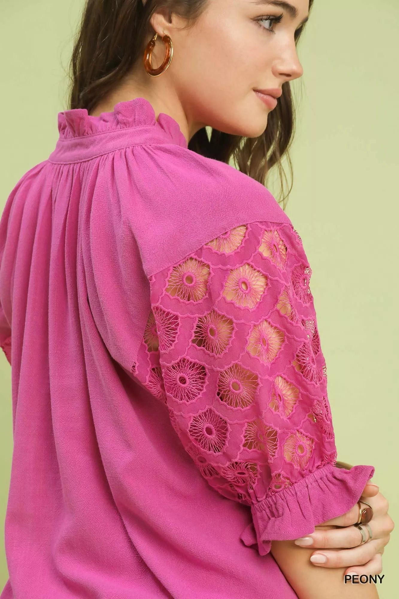 Peony pink lace puff sleeve detail with embroidered cuff and scalloped edge