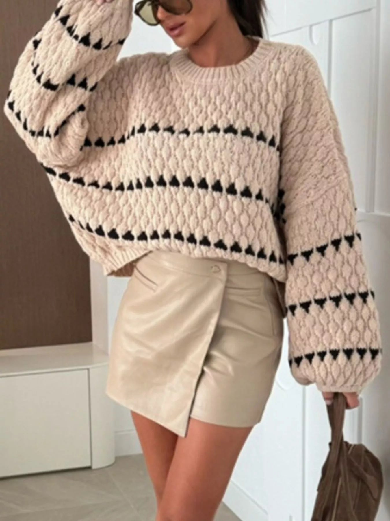 Chunky Knit Striped Sweater with Balloon Sleeves – Cozy Chic Style
