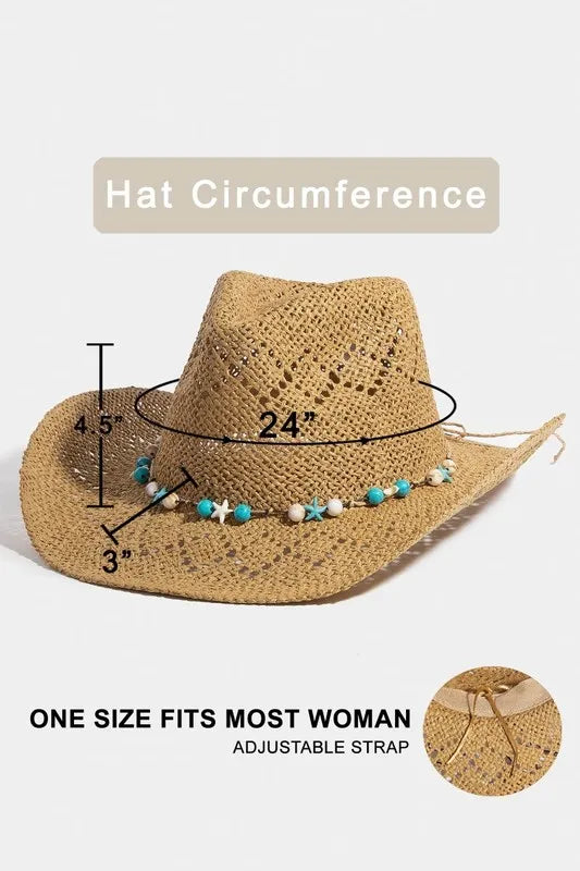 Western Straw Hat with Turquoise & Shell Star Beads – Boho Style