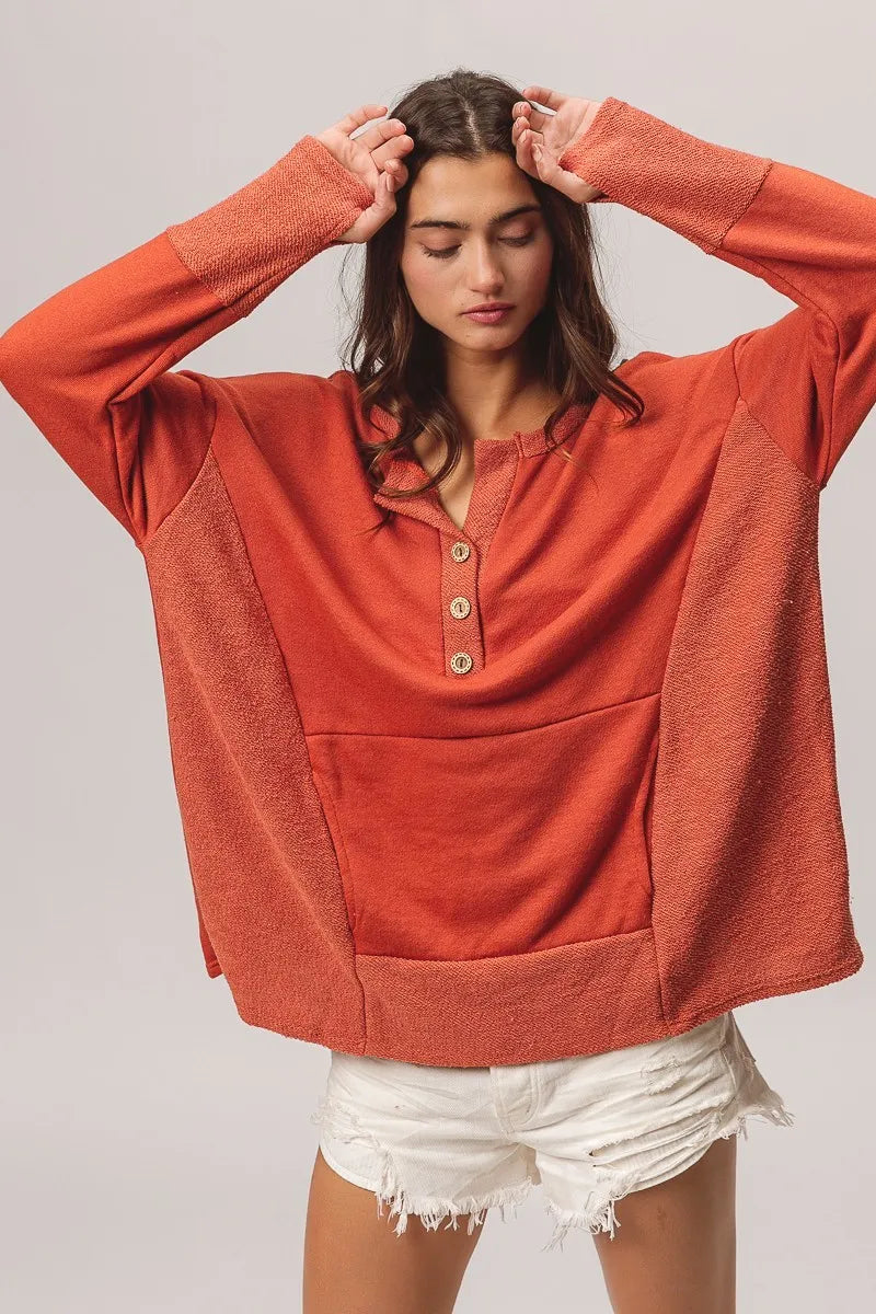 French Terry Henley Top with Side Block Detail & Button Accents