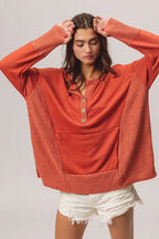 French Terry Henley Top with Side Block Detail & Button Accents