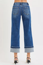 Risen Women's Ankle Straight Jeans with Cuffed Hem Casual Stretch Denim