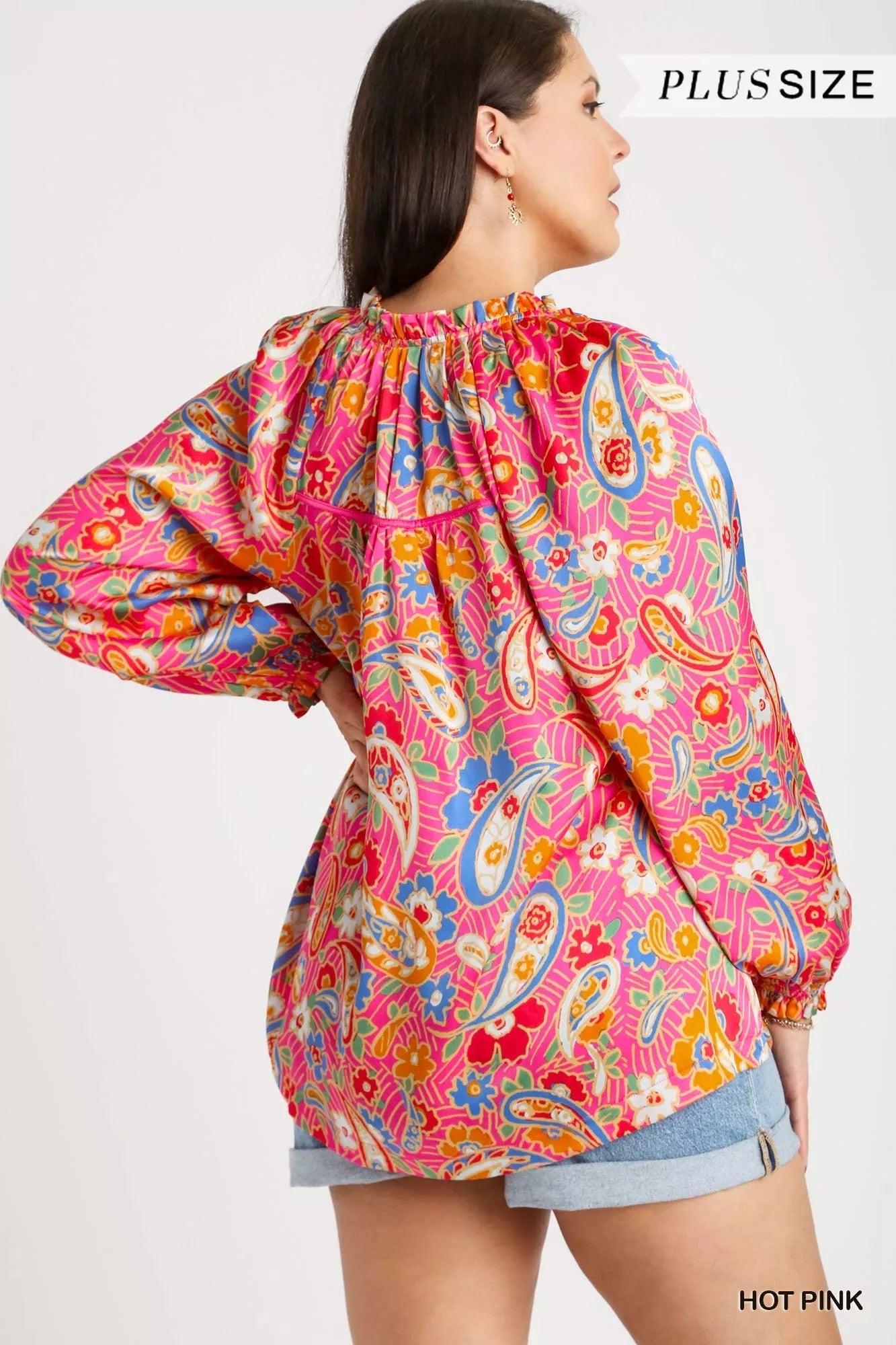 Satin Paisley Shirt – Vibrant Boho Ruffle Neck Blouse