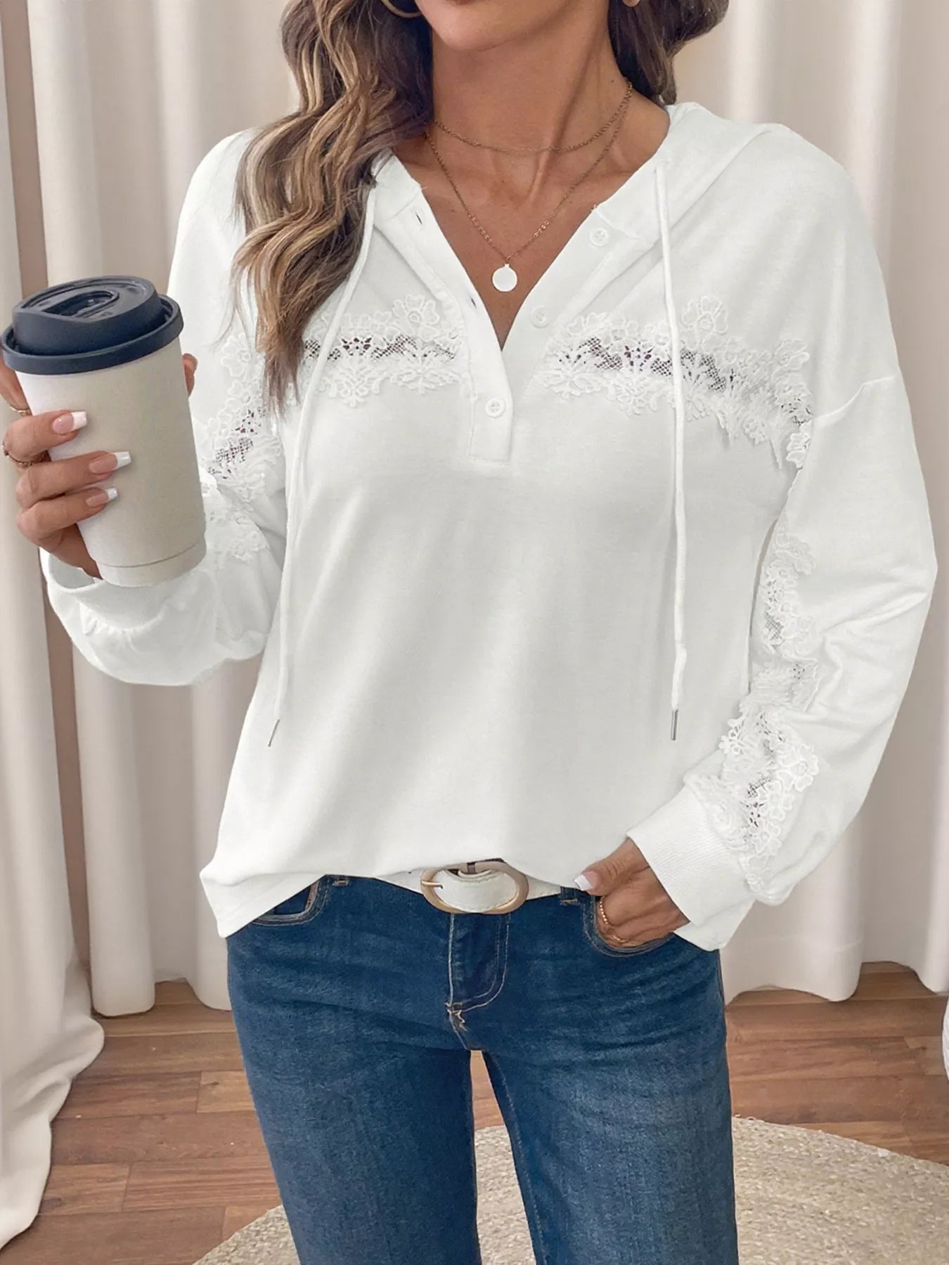 Lace Detail Long Sleeve Drawstring Hoodie