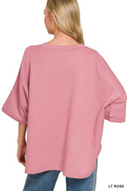 Light rose scuba top with back view and wide bell sleeves