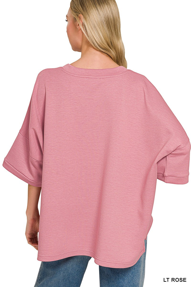 Light rose scuba top with back view and wide bell sleeves