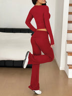 Long Sleeve Crop Top & Bootcut Pants Set – Trendy Two-Piece Outfit