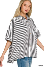 Women's oversized striped button-down shirt, black-and-white vertical stripes, short sleeves