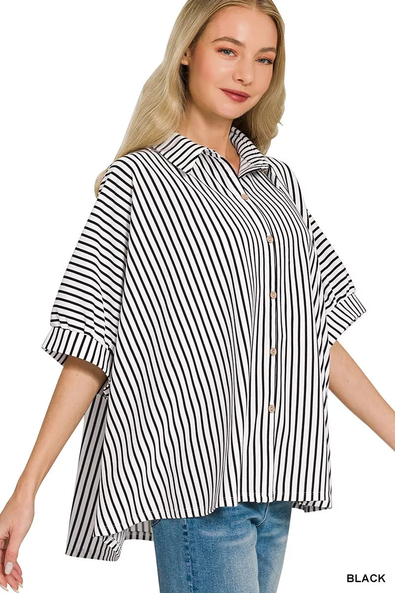 Women's oversized striped button-down shirt, black-and-white vertical stripes, short sleeves