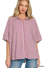 Women’s striped button-down shirt with collar, burgundy and white vertical stripes, short sleeves