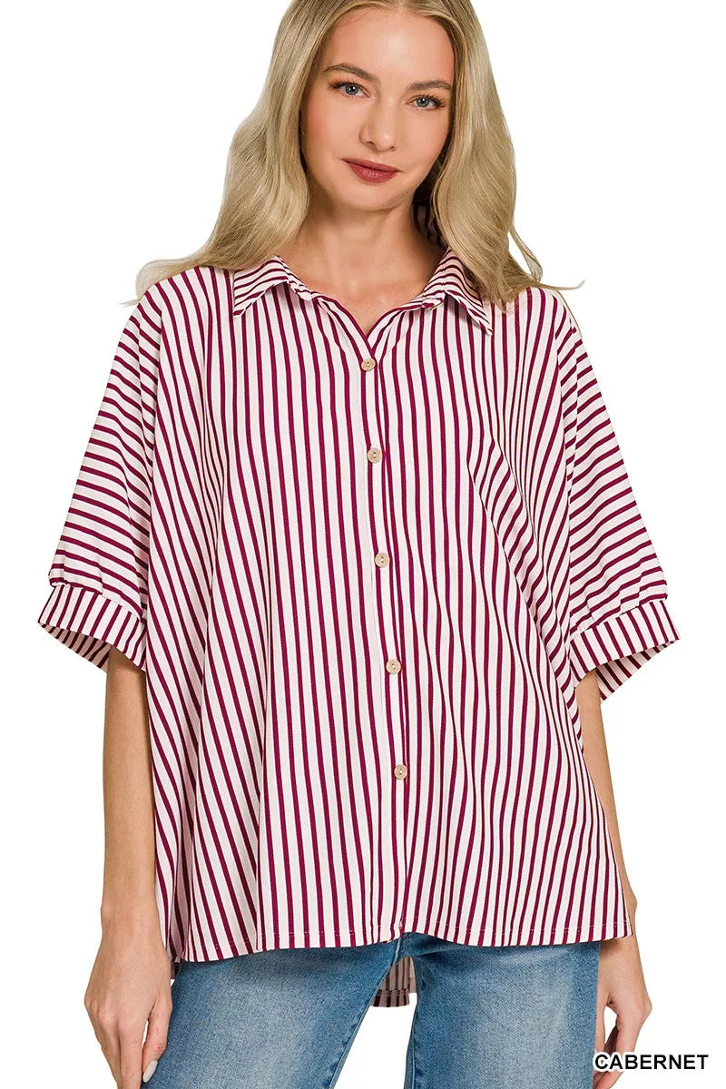 Women’s striped button-down shirt with collar, burgundy and white vertical stripes, short sleeves