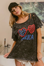 BiBi 4th Of July Theme Mineral Washed Laser Cut Top
