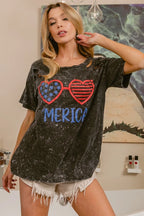 BiBi 4th Of July Theme Mineral Washed Laser Cut Top