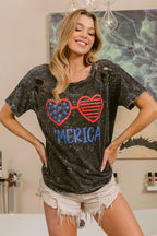 BiBi 4th Of July Theme Mineral Washed Laser Cut Top