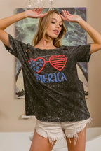 BiBi 4th Of July Theme Mineral Washed Laser Cut Top