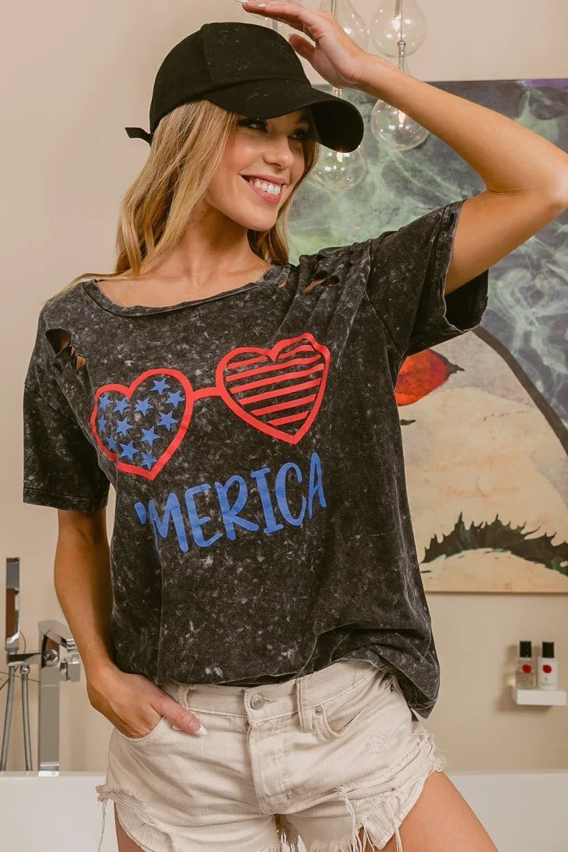 BiBi 4th Of July Theme Mineral Washed Laser Cut Top