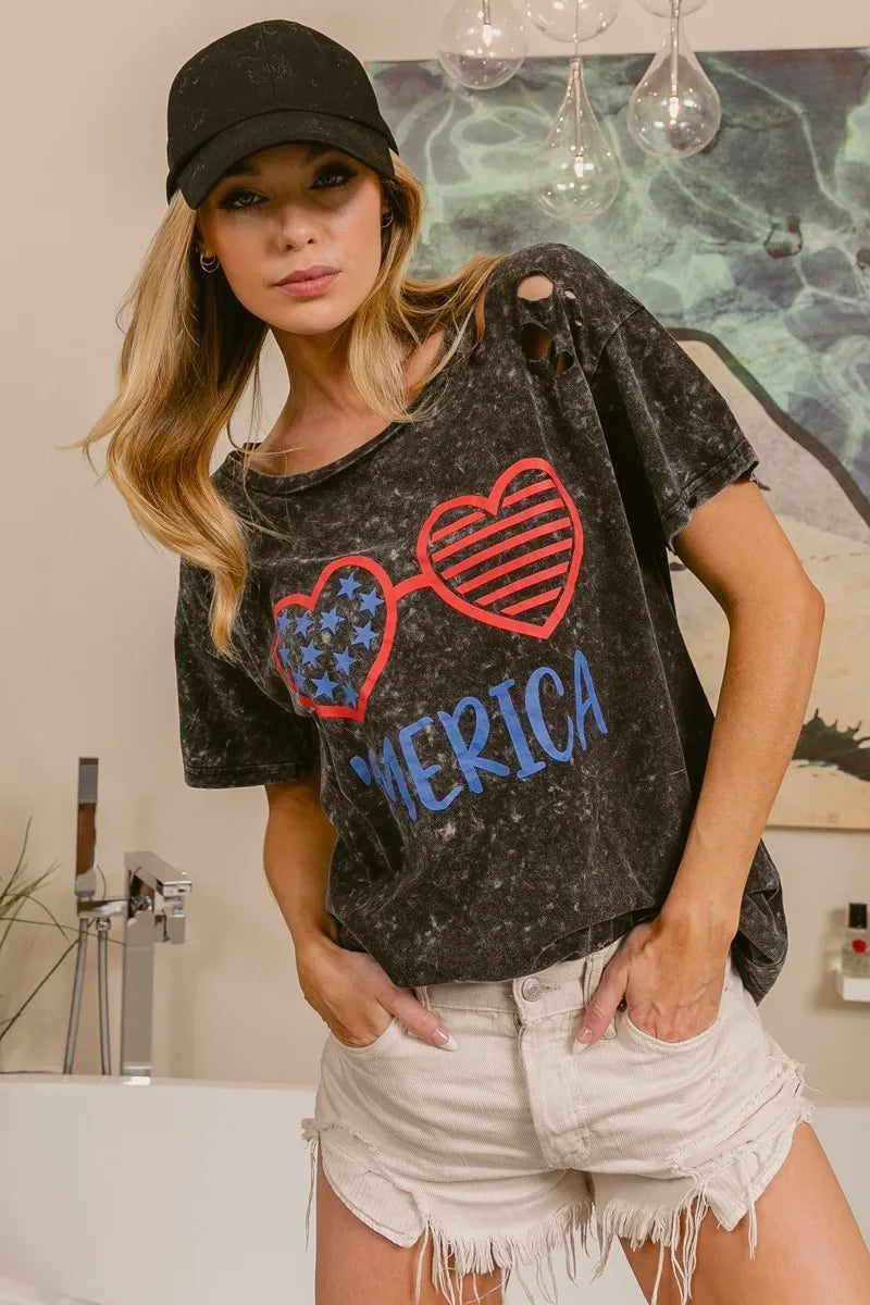 BiBi 4th Of July Theme Mineral Washed Laser Cut Top