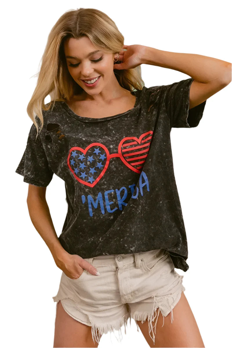 BiBi 4th Of July Theme Mineral Washed Laser Cut Top