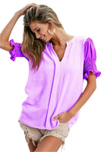 BiBi Air Flow Color Block Puff Sleeves V Neck Top