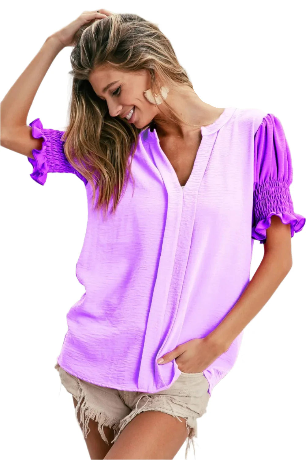 BiBi Air Flow Color Block Puff Sleeves V Neck Top