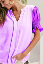 BiBi Air Flow Color Block Puff Sleeves V Neck Top