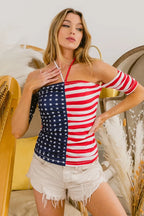 BiBi American Flag Off Shoulder With Front Ruched Top