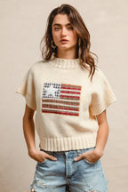 BiBi American Flag Patchwork Sweater – Drop Shoulder USA Knit Top