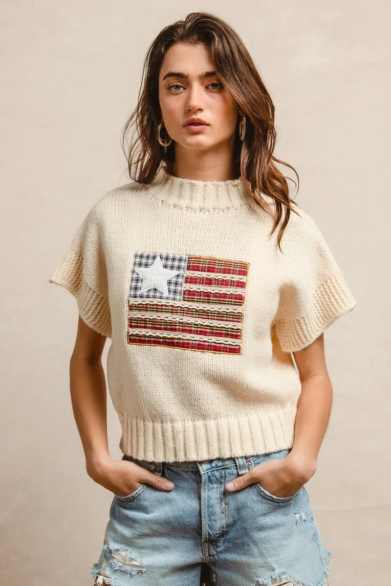 BiBi American Flag Patchwork Sweater – Drop Shoulder USA Knit Top