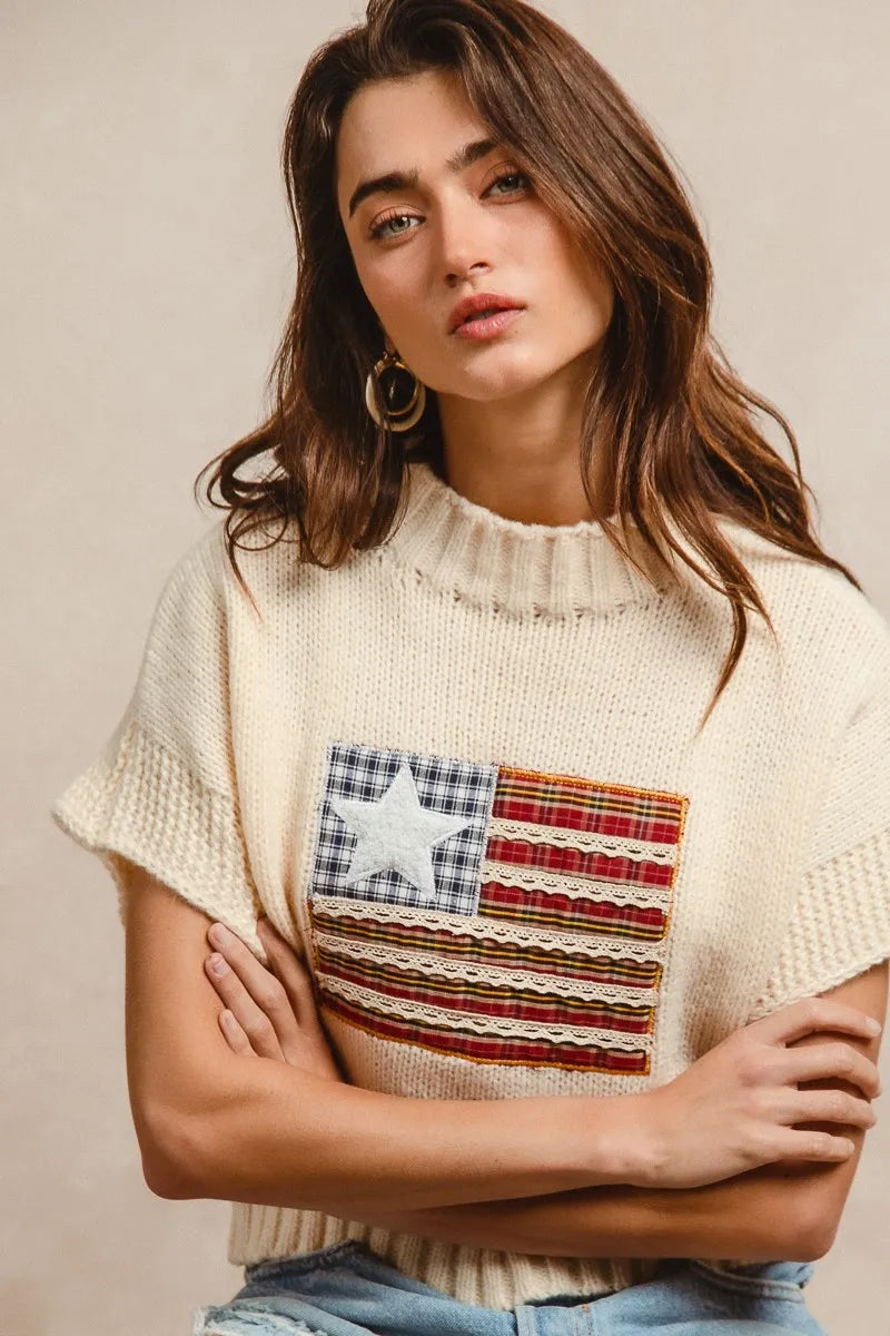 BiBi American Flag Patchwork Sweater – Drop Shoulder USA Knit Top