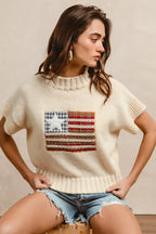 BiBi American Flag Patchwork Sweater – Drop Shoulder USA Knit Top