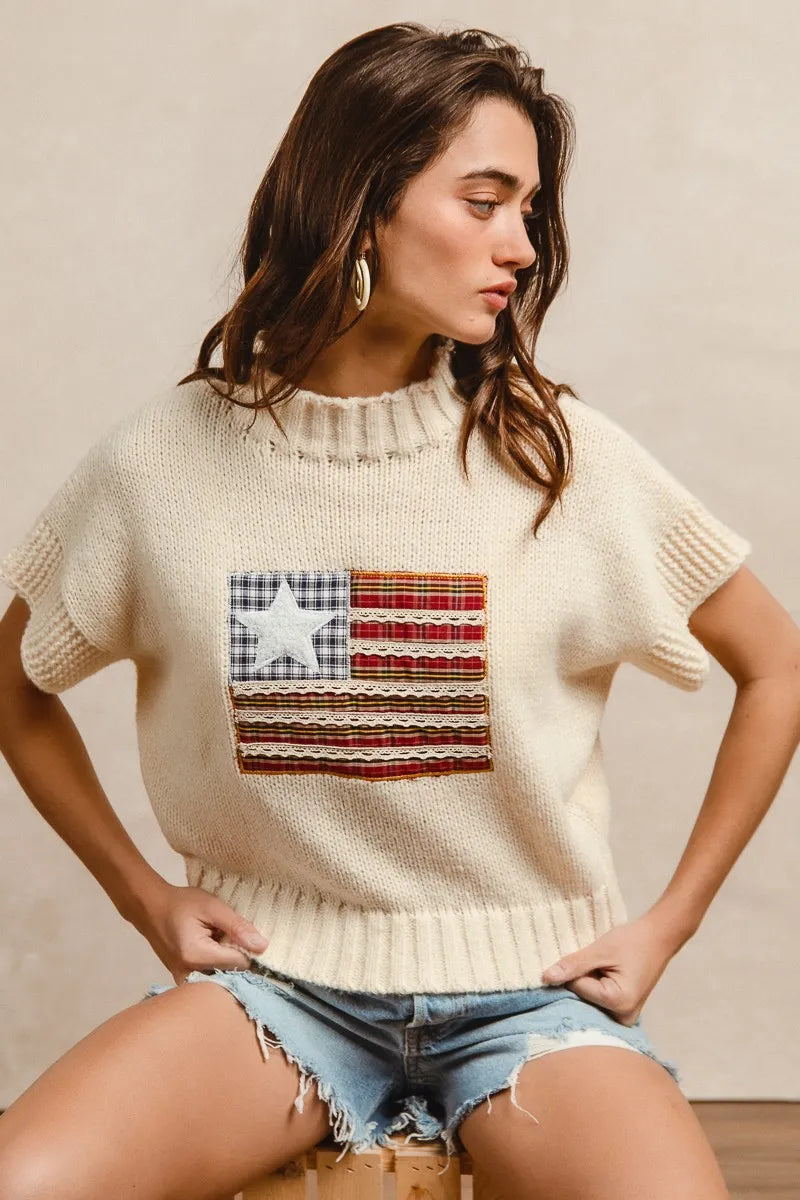 BiBi American Flag Patchwork Sweater – Drop Shoulder USA Knit Top