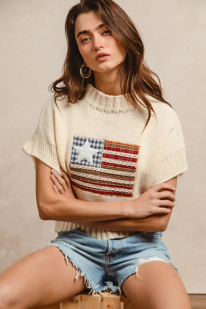 BiBi American Flag Patchwork Sweater – Drop Shoulder USA Knit Top